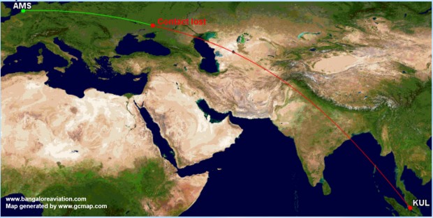 Malaysia Airlines MH17 great circle route map from Amsterdam to Kuala Lumpur. 