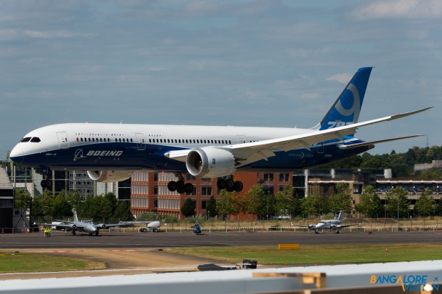 Boeing 787-9 Dreamliner. Seen landing after it's display on day 1 of Farnborough 2014.