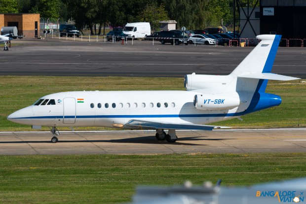 Dassault Falcon 9X VT-SBK belonging to Bharat Forge. Seen here leaving Farnborough Airport.