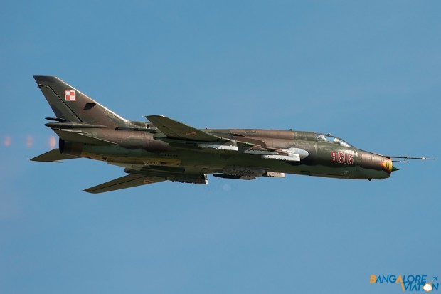 Polish Air Force Sukhoi Su-22M-4 Fitter 9616. Performing a high speed fly-by with it's wings in the full swept back position.