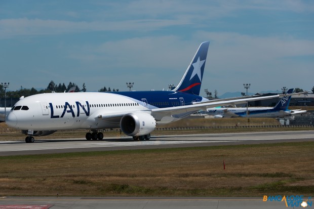 LAN Airlines Boeing 787-8 CC-BBG. Seen here landing at Paine Field after a test flight.