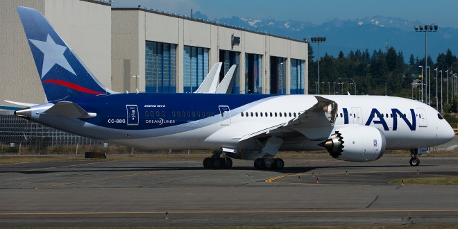 LAN Airlines Boeing 787-8 CC-BBG. Seen here taxing back to the flight line at Paine Field after a test flight.