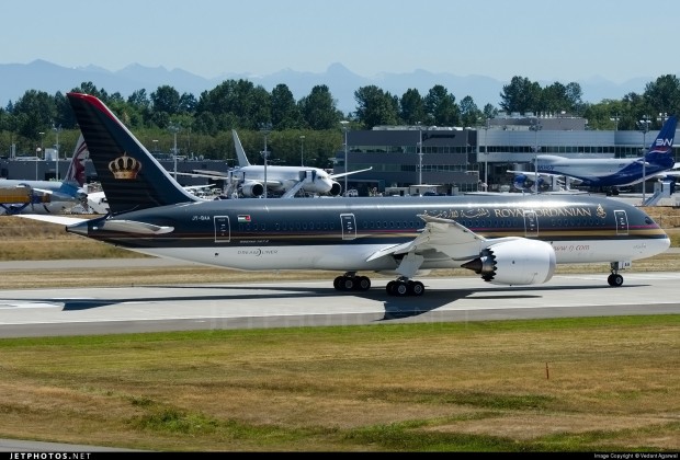 Royal Jordanian's first Boeing 787-8 Dreamliner JY-BAA. Seen on the runway at Paine Field to perform a high speed taxi and brake test.