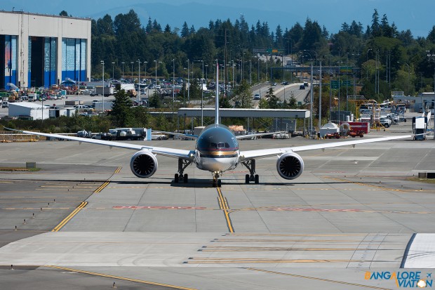 Royal Jordanian JY-BAA Boeing 787-8 Dreamliner. Seen taxing to the runway at Paine Field to perform a high speed taxi and brake test.