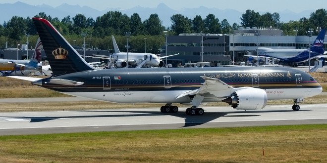Royal Jordanian Airline's first Boeing 787-8 Dreamliner JY-BAA undergoes taxi tests at Paine Field in Everett, Washington.
