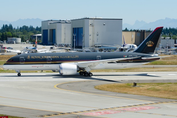 Royal Jordanian Airline's first Boeing 787-8 Dreamliner JY-BAA undergoes taxi tests at Paine Field in Everett, Washington. Photo copyright Devesh Agarwal. All rights reserved.