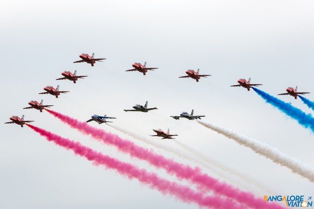 A special flypast with the Red Arrows and the leaders of the Patrouille de France (French Airforce), Frecce Tricolori (Italian Airforce), Patrouille Suisse (Swiss Airforce) and the Breitling jet team.