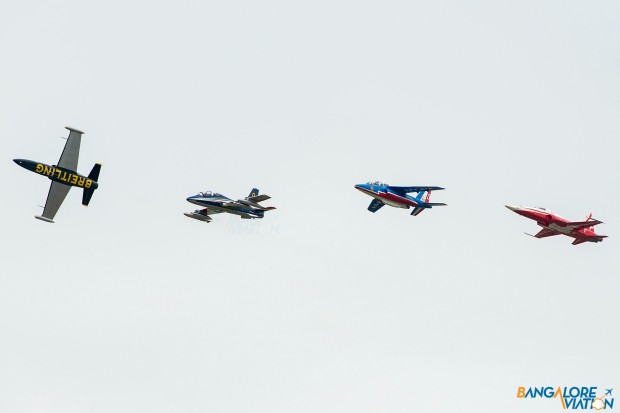 The leader of the Breitling jet team peeling away from the leaders of the Patrouille de France (French Airforce), Frecce Tricolori (Italian Airforce), Patrouille Suisse (Swiss Airforce).