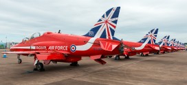 BAE Hawks of the Red Arrows, sporting a special 50th anniversary tail livery.