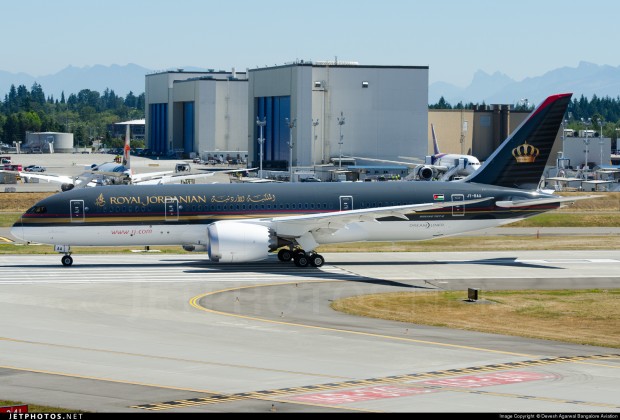 Royal Jordanian Airlines' first Boeing 787-8 Dreamliner JY-BAA. Returning from high speed taxi and brake testing at Paine Field, Everett.