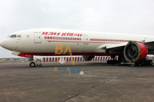 Air India Boeing 777-200LR VT-ALH. Previously stripped and cannibalised, now restored. Front view. Engines have been removed. Click for a larger view.