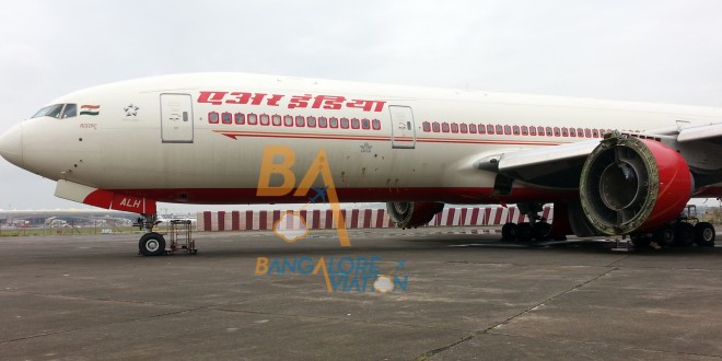Air India Boeing 777-200LR VT-ALH. Previously stripped and cannibalised, now restored. Front view. Engines have been removed. Click for a larger view.