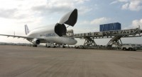 The A300-600ST (Super Transporter) also called Beluga unloads aid for Katrina victims.