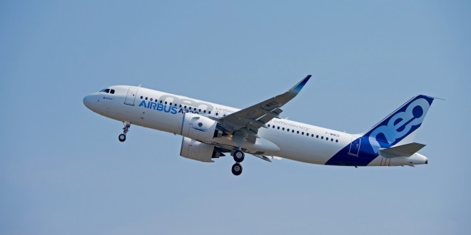 First Airbus A320neo F-WNEO MSN6101 takes off on its first flight at Toulouse Blagnac airport.