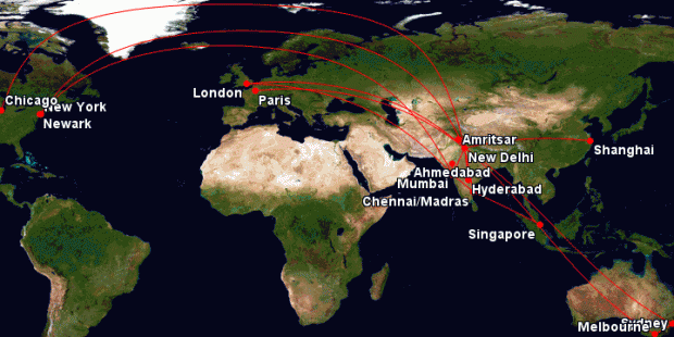 Map of Air India's top 10 loss making international routes.