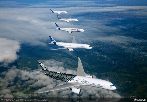 All five aircraft of the A350-900 test fleet in formation flight. Image courtesy Airbus.