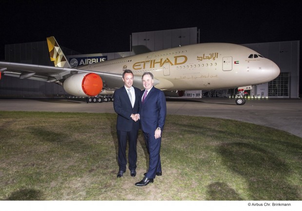 Airbus President and CEO Fabrice Bregier with Etihad Airways President and CEO James Hogan at the roll-out of the first A380 of the airline.