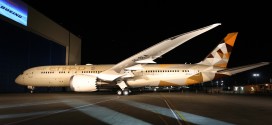 Etihad unveils 'Facets of Abu Dhabi' livery on its first Boeing 787-9 Dreamliner A6-BLA as it rolls out of the paint hangar at Paine Field, Everett, WA.