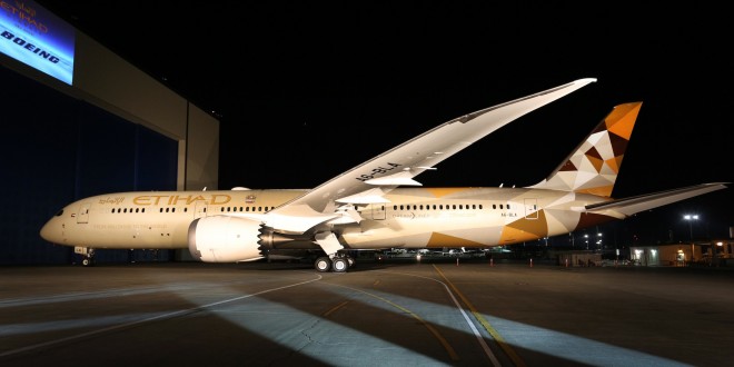 Etihad unveils 'Facets of Abu Dhabi' livery on its first Boeing 787-9 Dreamliner A6-BLA as it rolls out of the paint hangar at Paine Field, Everett, WA.