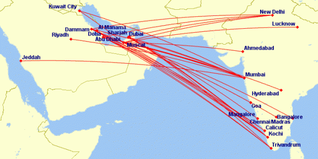 Jet Airways gulf and middle-east network as of winter 2014 schedule.