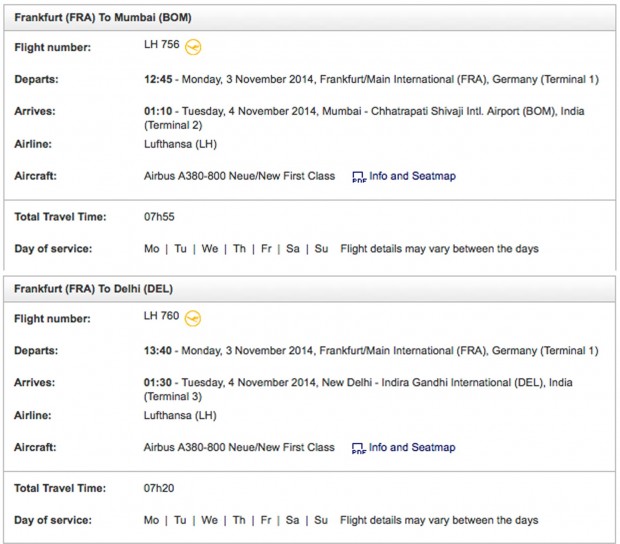 Lufthansa winter 2014 schedule. Online time-table for November 3rd and 4th 2014. Flights Frankfurt to Mumbai and New Delhi