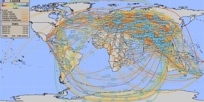 Map of bilateral air services agreements between World Trade Organization members. Courtesy of the Air Services Agreement Projector, World Trade Organization, 2007