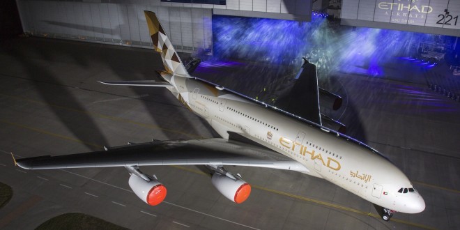 Etihad 'Facets of Abu Dhabi' livery on its first Airbus A380.