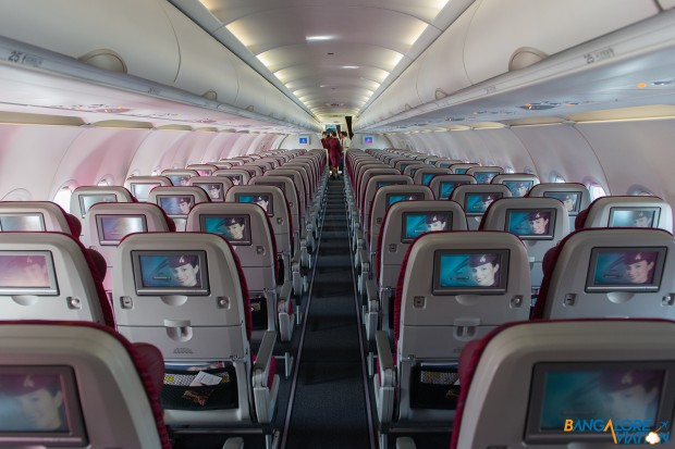 The economy cabin on Qatar's A320.
