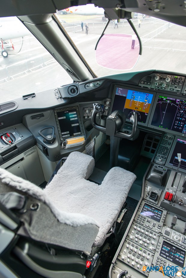 The Captains seat in the cockpit of the Boeing 787. 