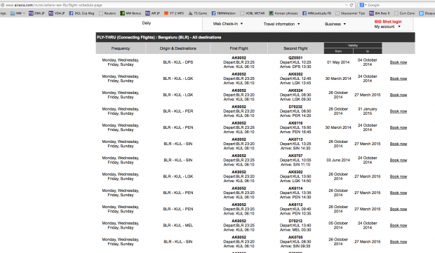 Screen shot of AirAsia flight schedules page offering Fly-Thru connectivity to domestic Malaysian cities and Singapore.