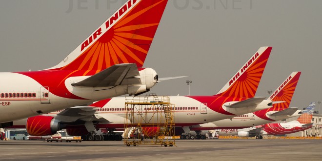 A tail parade of each of Air India's Boeing aircraft as in 2011. The 747-400, 777-300ER, 777-200LR and 737-800.