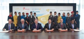 (Left to right): Maurizio Merlo, CEO Darwin Airline; Wolfgang Prock-Schauer, CEO airberlin; James Hogan, President and CEO Etihad Airways; Cramer Ball, CEO Jet Airways; Dane Kondić, CEO Air Serbia, Manoj Papa, CEO Air Seychelles; at the launch of Etihad Airways Partners.