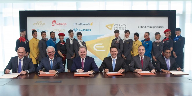 (Left to right): Maurizio Merlo, CEO Darwin Airline; Wolfgang Prock-Schauer, CEO airberlin; James Hogan, President and CEO Etihad Airways; Cramer Ball, CEO Jet Airways; Dane Kondić, CEO Air Serbia, Manoj Papa, CEO Air Seychelles; at the launch of Etihad Airways Partners.