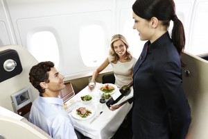 Qantas A380 first class meal service. Qantas image.