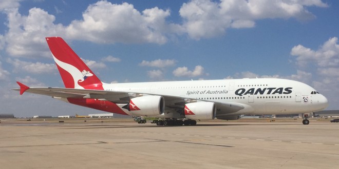 Qantas A380 VH-OQL Phyllis Arnott on its first flight to Dallas-Fort Worth airport. Photo courtesy the airport.