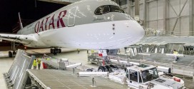 Airbus A350-900 MSN6 first aircraft for launch customer Qatar Airways A7-ALA being readied in the paint hangar.