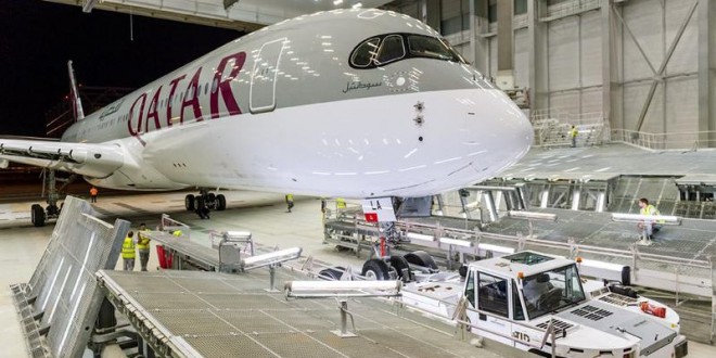 Airbus A350-900 MSN6 first aircraft for launch customer Qatar Airways A7-ALA being readied in the paint hangar.