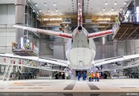 Airbus A350-900 MSN6 first aircraft for launch customer Qatar Airways A7-ALA being readied in the paint hangar.