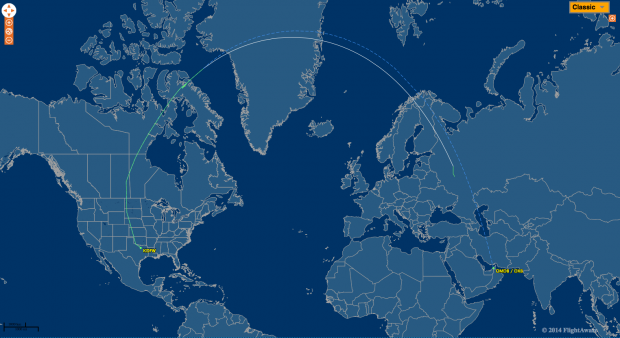 Flight track EK221 Dubai to Dallas Fort Worth