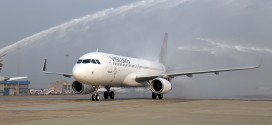 Vistara Airlines, Airbus A320 VT-TTB in its official livery receiving water cannon salute.