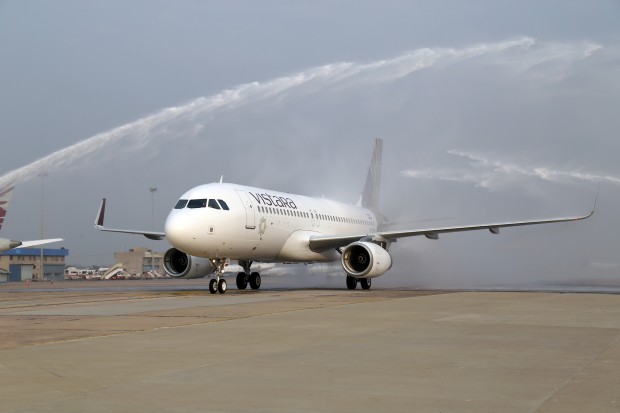 Vistara Airlines, Airbus A320 VT-TTB in its official livery receiving water cannon salute.