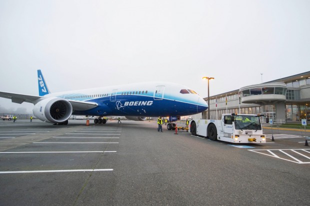 Boeing 787-8 ZA003 is towed into position at the Museum of Flight.