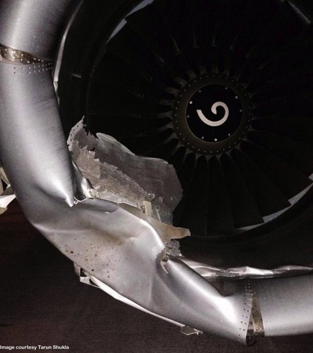 Damaged to left engine cowl of SpiceJet Boeing 737-800 VT-SGK which suffered accident at Surat.