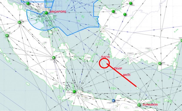 Estimated flight path of AirAsia flight QZ8501 gone missing on December 28, 2014. On airway M635 between TAVIP and RAFIS.