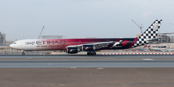 Etihad A340-600 A6-EHJ featuring the Formula 1 livery.