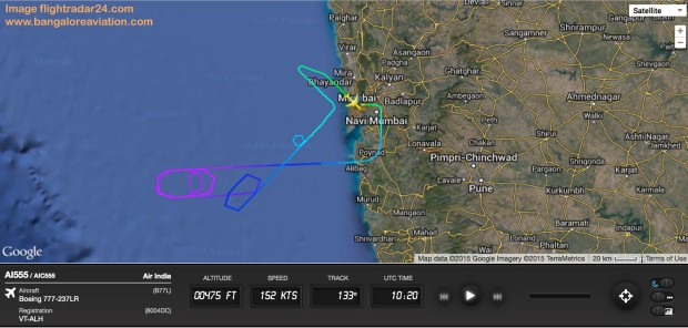 Path of AI555 test flight of Air India Boeing 777-200LR VT-ALH after 31 months in storage. Image from flightradar24.com.