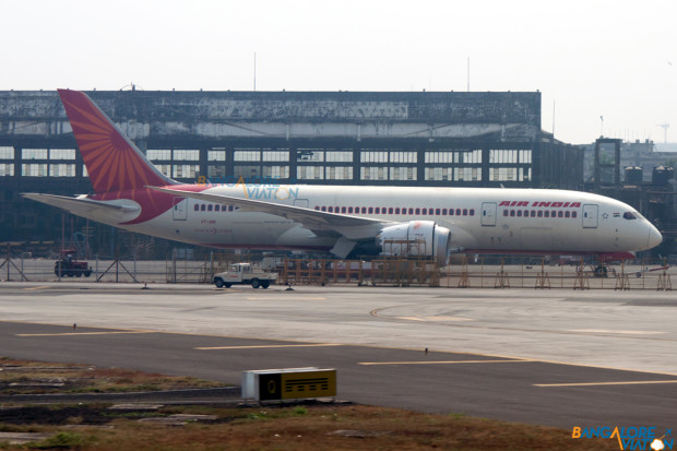 Air India Boeing 787-8 Dreamliner VT-ANI LN46 at Mumbai airport after being grounded for nine months for a "reliability retrofit".