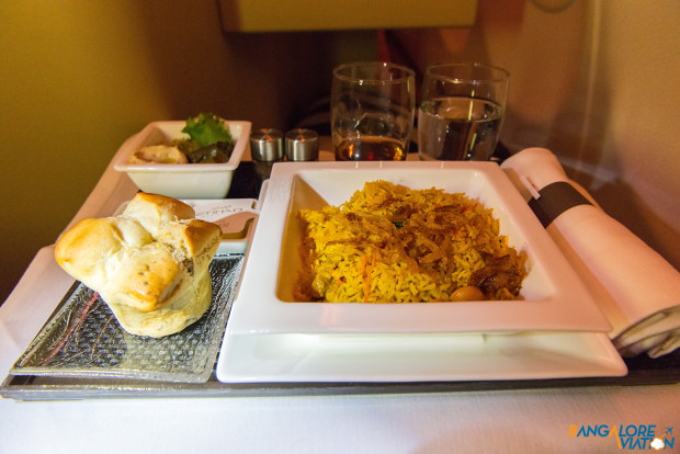 Etihad Airways Business Class Dinner. Arabic chicken kabsa with spiced saffron rice from Etihad's Taste of Arabia menu.