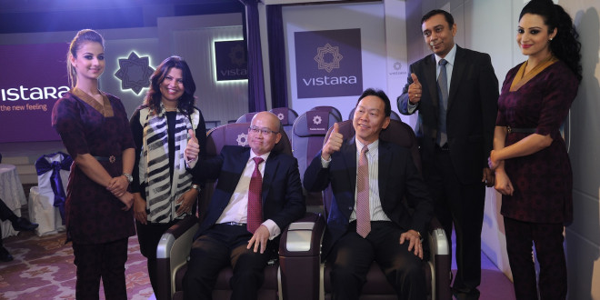 Vistara crew members flank Ms Rashmi Soni Head Corporate Communication Mr Vistara CEO Phee Teik Yeoh and CCO Giam Ming Toh introducing the new cabins