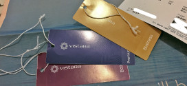 Inaugural flight of Vistara, Tata-SIA airline. Cabin luggage tags for the Business, Premium Economy, and Economy class.